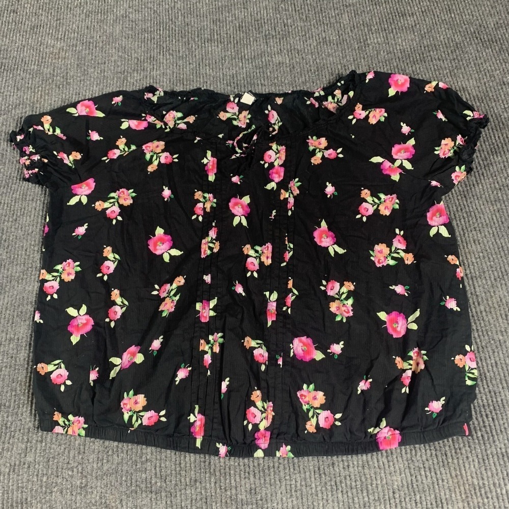 Torrid Top Blouse Womens 4 Black Floral AOP Tie Up Lightweight Short Sleeve Boho